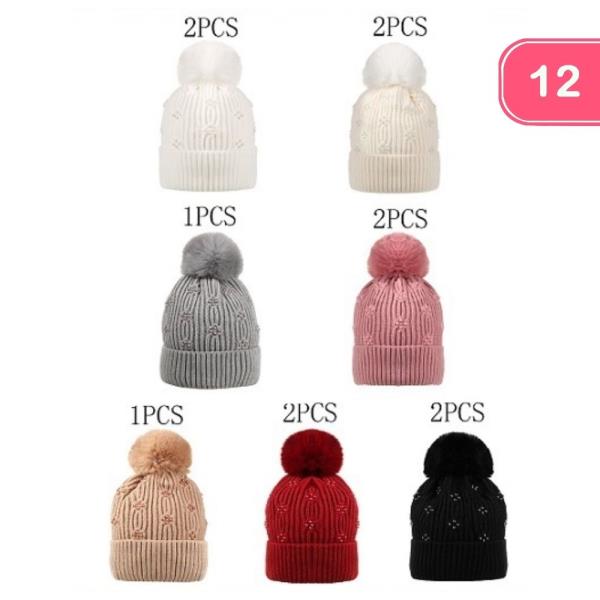 PEARL STUDDED POM POM KNIT BEANIE (12 UNITS)