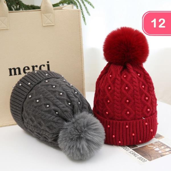 PEARL STUDDED POM POM KNIT BEANIE (12 UNITS)