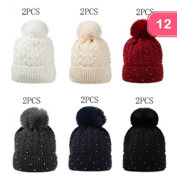 PEARL STUDDED POM POM KNIT BEANIE (12 UNITS)