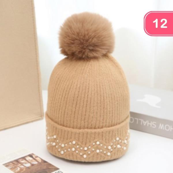 PEARL STUDDED POM POM KNIT BEANIE (12 UNITS)