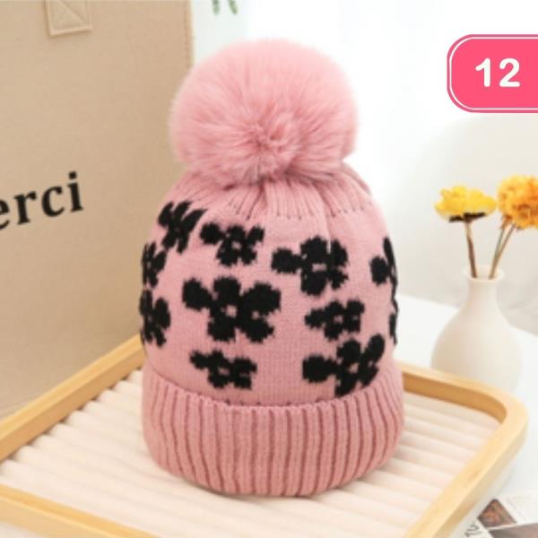 FLOWER PATTERN POM POM KNIT BEANIE (12 UNITS)