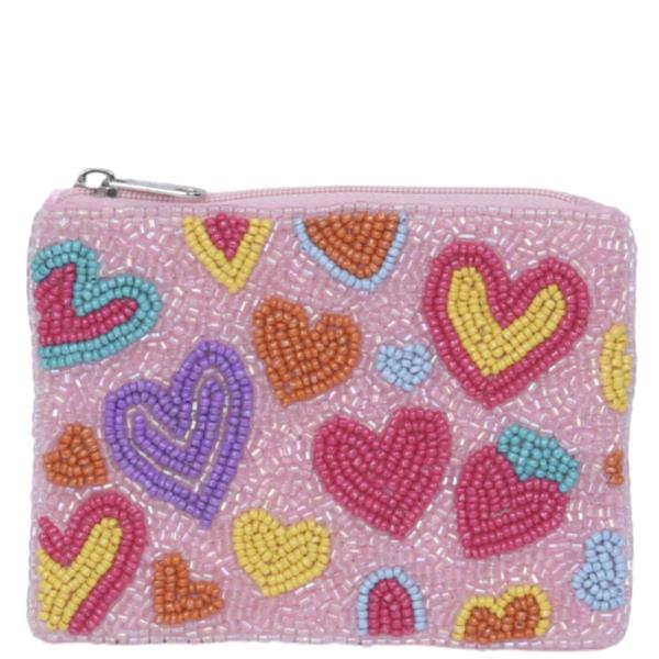 HEARTS BEADED ZIPPER COIN PURSE BAG POUCH