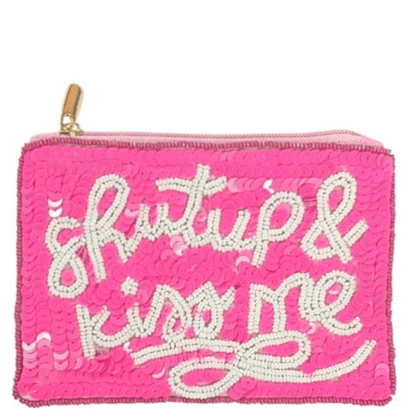 SHUT UP AND KISS ME BEADED ZIPPER COIN PURSE BAG POUCH