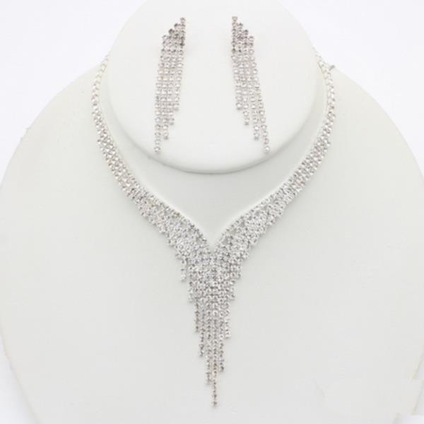 RHINESTONE MULTI V TASSEL NECKLACE EARRING SET