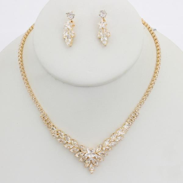 RHINESTONE FLORAL LEAF NECKLACE EARRING SET
