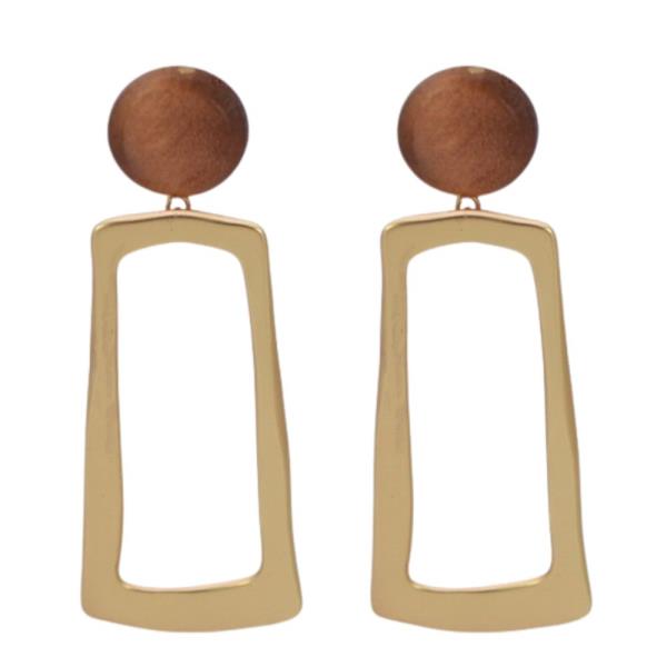 ROUND WOOD BEAD LONG RECTANGLE SHAPE EARRING