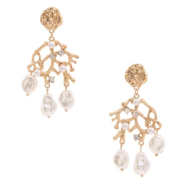 PEARL BEAD CORAL METAL DANGLE EARRING