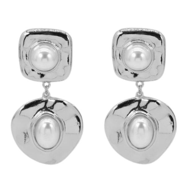 SQUARE ROUND PEARL BEAD LINK DANGLE METAL EARRING