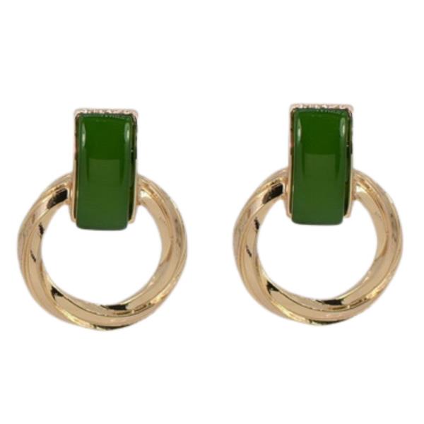 ROUND METAL RECTANGLE STONE EARRING