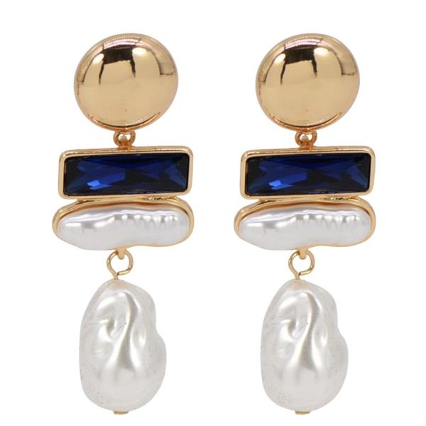 RECTANGLE CRYSTAL METAL PEARL BEAD DANGLE EARRING