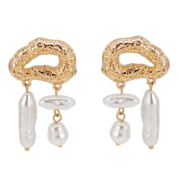 TEXTURED METAL OVAL PEARL BEAD LINK DANGLE EARRING