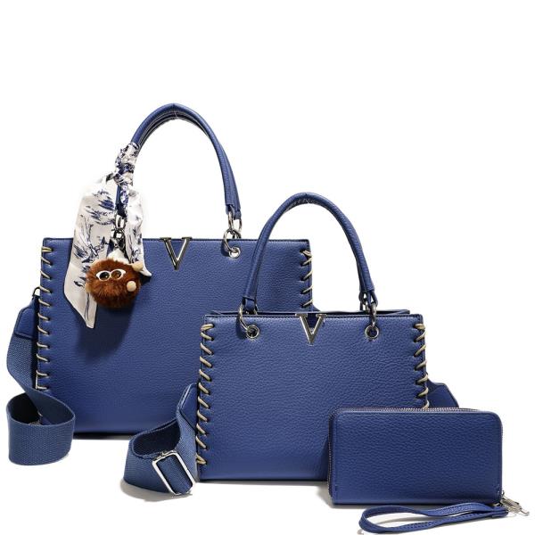 3IN1 V TEXTURED DESIGN SATCHEL W MATCHING BAG AND WALLET SET