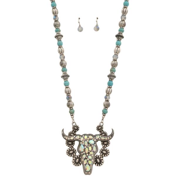 RHINESTONE CATTLE HEAD PENDANT BEADED NECKLACE
