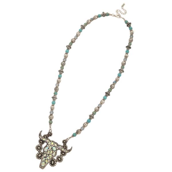 RHINESTONE CATTLE HEAD PENDANT BEADED NECKLACE