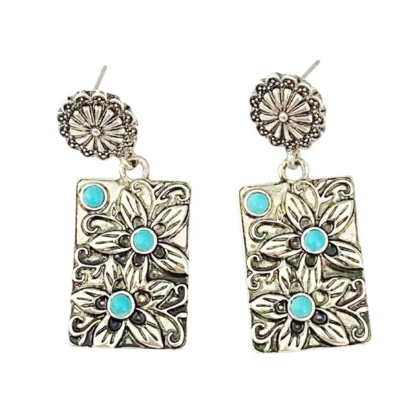 WESTERN TEXTURED METAL FLORAL RECTANGLE DANGLE EARRINGS