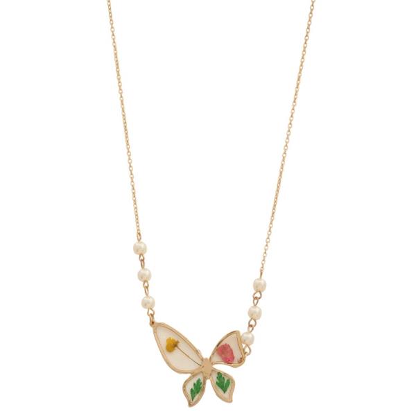 BUTTERFLY FLOWER ENCAPSULATED PENDANT PEARL BEAD NECKLACE