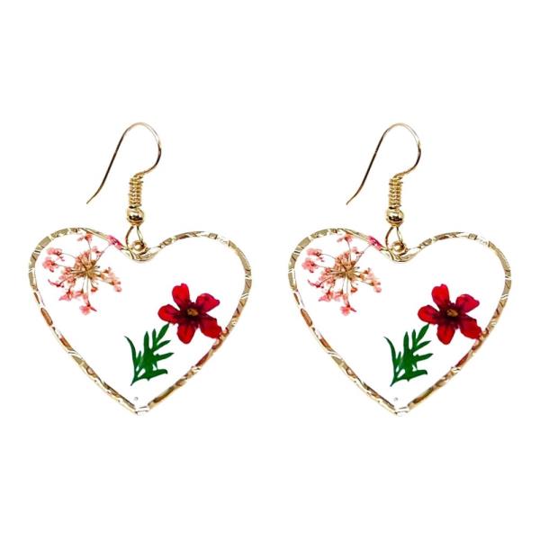 RESIN PRESSED FLOWER HEART DANGLE EARRINGS