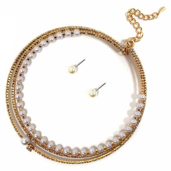 METAL PEARL MIX ROUND CHAIN NECKLACE EARRING SET