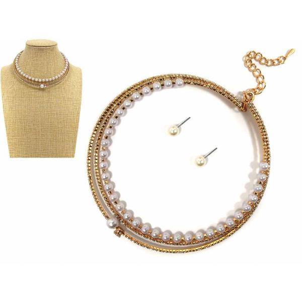 METAL PEARL MIX ROUND CHAIN NECKLACE EARRING SET