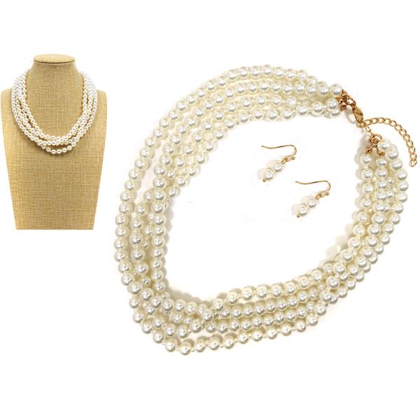 PEARL MULTI LAYER STATEMENT NECKLACE EARRING SET