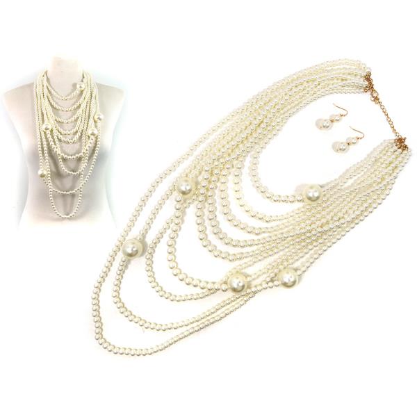 PEARL MULTI STRAND STATEMENT NECKLACE EARRING SET
