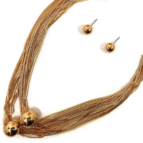 TEXTURED METAL MULTI STRAND CHAIN NECKLACE EARRING SET