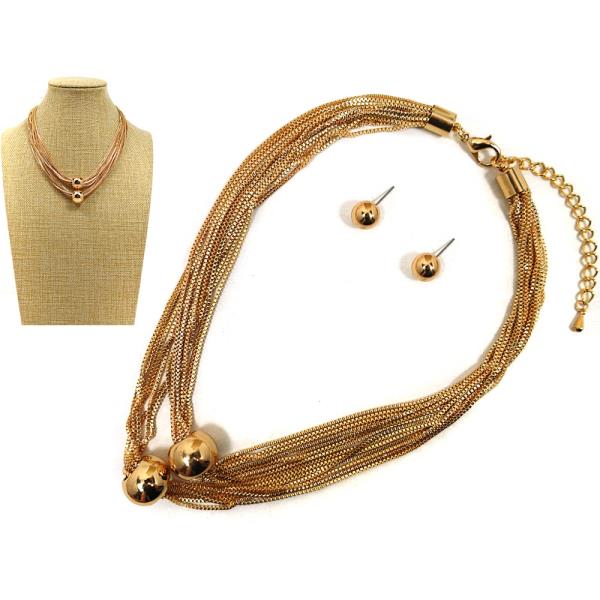 TEXTURED METAL MULTI STRAND CHAIN NECKLACE EARRING SET