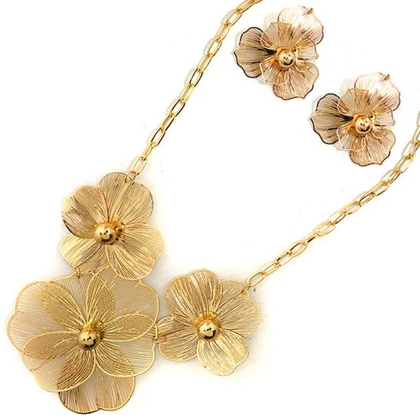 TEXTURED METAL FLORAL STATEMENT NECKLACE EARRING SET