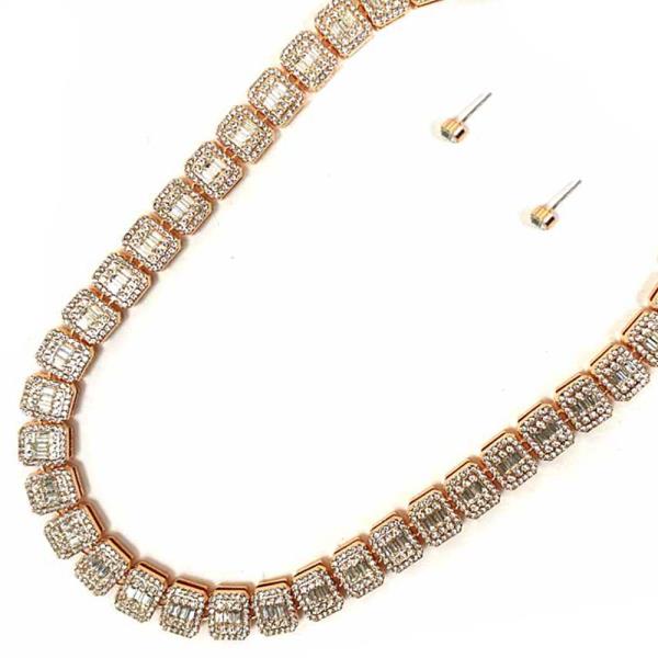 RHINESTONE SQUARE LINK STATEMENT NECKLACE EARRING SET