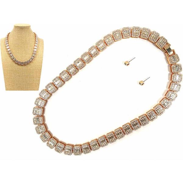 RHINESTONE SQUARE LINK STATEMENT NECKLACE EARRING SET