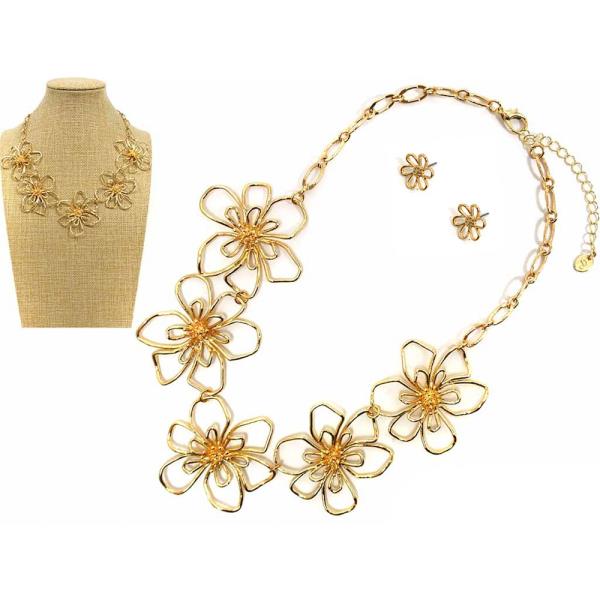 TEXTURED METAL LARGE FLORAL LINK STATEMENT NECKLACE EARRING SET