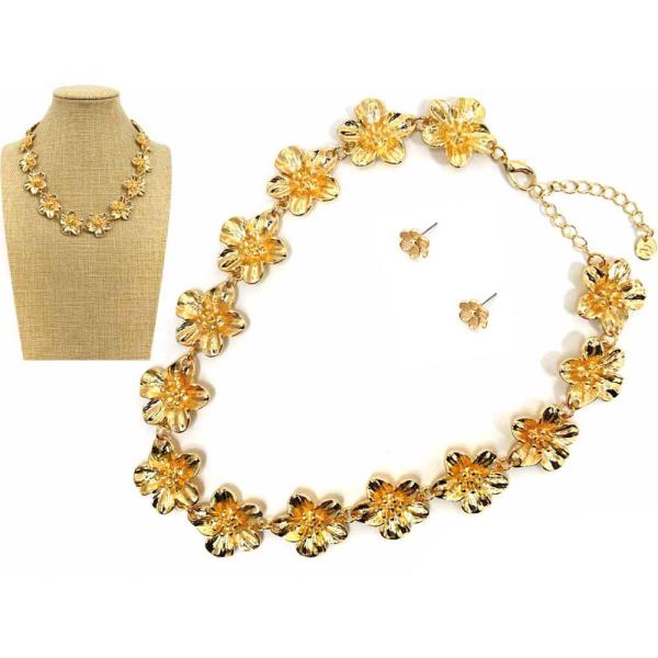 TEXTURED METAL FLORAL LINK STATEMENT NECKLACE EARRING SET