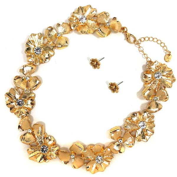 RHINESTONE FLOWER LINK STATEMENT NECKLACE EARRING SET