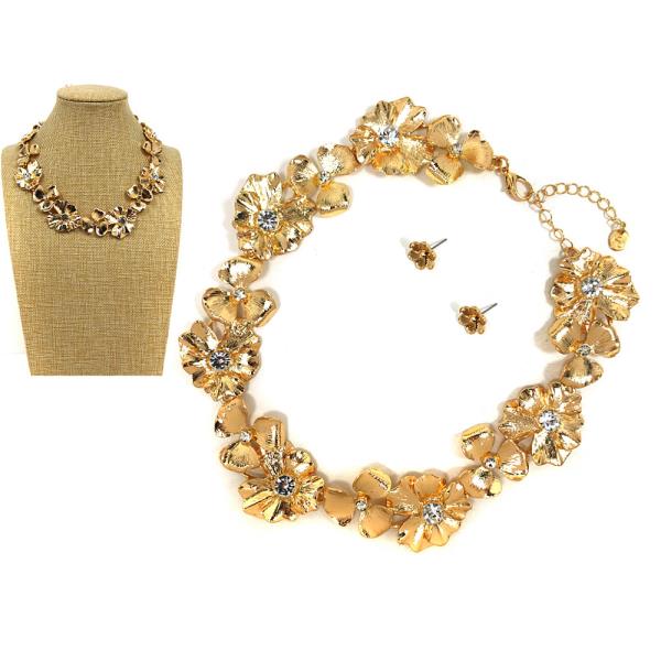RHINESTONE FLOWER LINK STATEMENT NECKLACE EARRING SET
