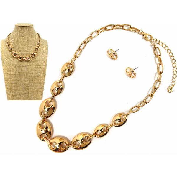 TEXTURED METAL OVAL LINK NECKLACE EARRING SET