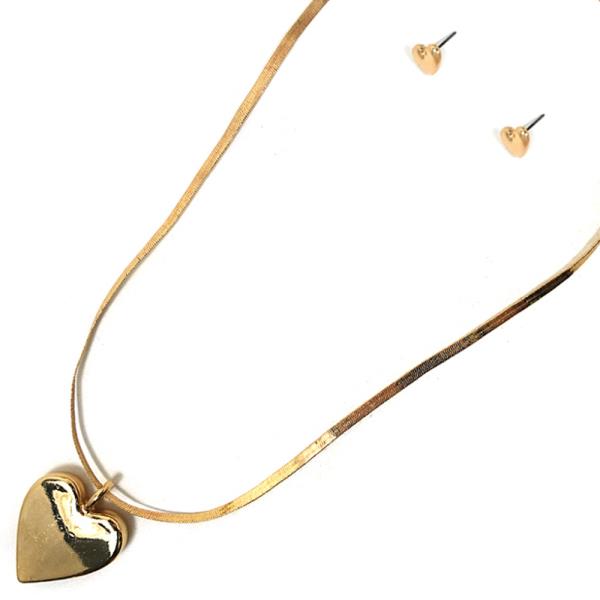 TEXTURED METAL HEART PENDANT NECKLACE EARRING SET