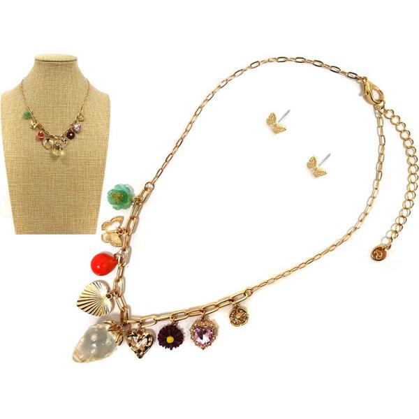 HEART STRAWBERRY MULTI CHARM NECKLACE EARRING SET
