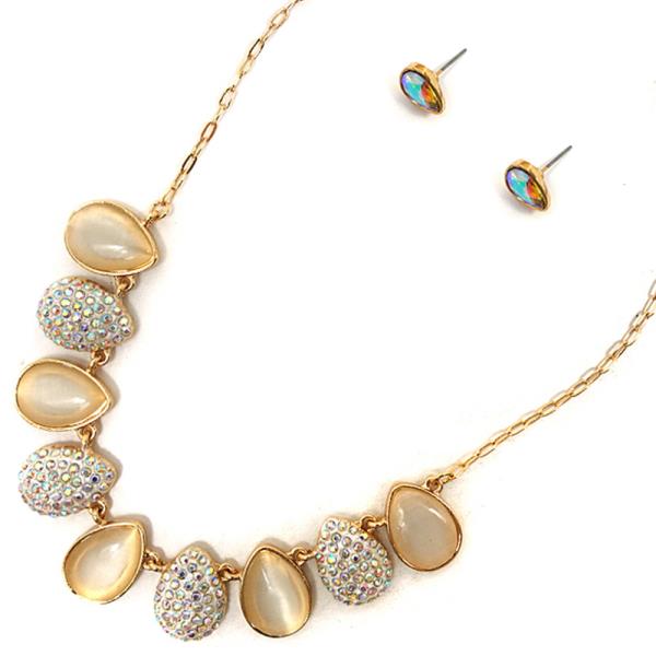 TEARDROP RHINESTONE RESIN MIXED ACCENT NECKLACE EARRING SET