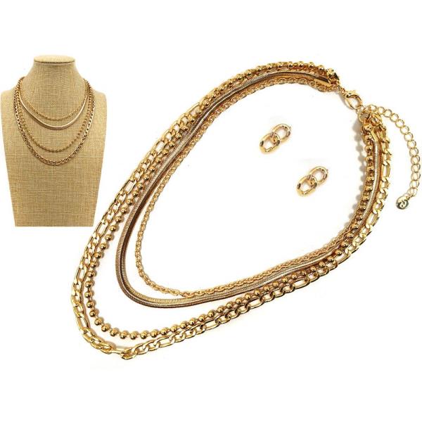 TEXTURED METAL LAYERED MULTI CHAIN NECKLACE EARRING SET