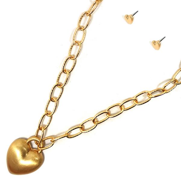 TEXTURED METAL HEART PENDANT NECKLACE EARRING SET