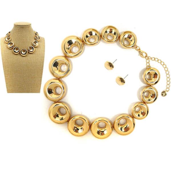 TEXTURED METAL ROUND DISC NECKLACE EARRING SET