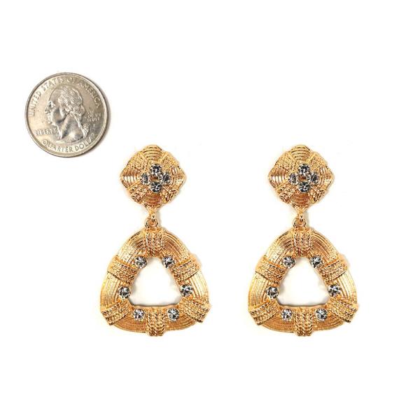 TEXTURED METAL RHINESTONE TRIANGLE DANGLE EARRING