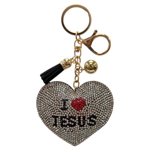 RHINESTONE HEART JESUS LETTER CHARM TASSEL ORNAMENT BAG CHARM KEYCHAIN