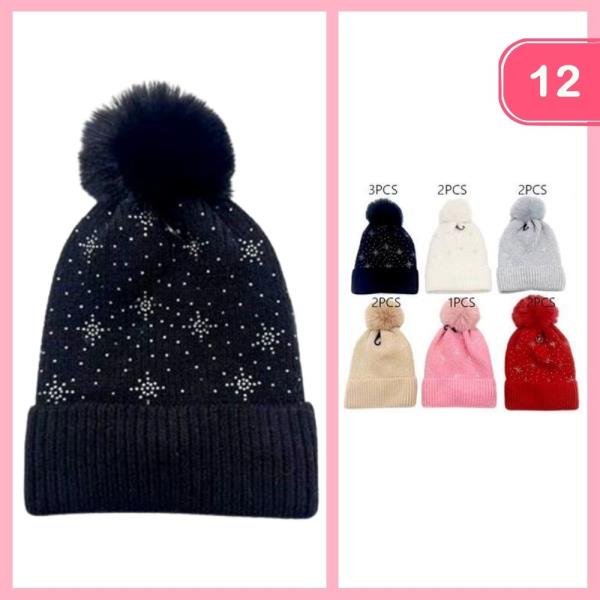 RHINESTONE POM POM BEANIE (12 UNITS)