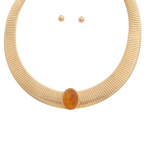 ACETATE OVAL STONE FLAT CHAIN METAL NECKLACE