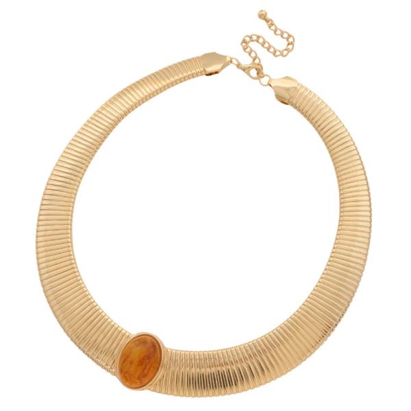 ACETATE OVAL STONE FLAT CHAIN METAL NECKLACE