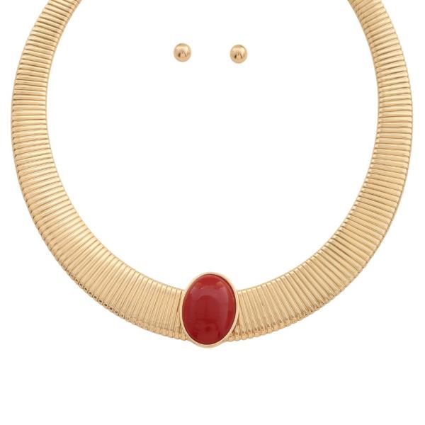 OVAL STONE FLAT CHAIN METAL NECKLACE