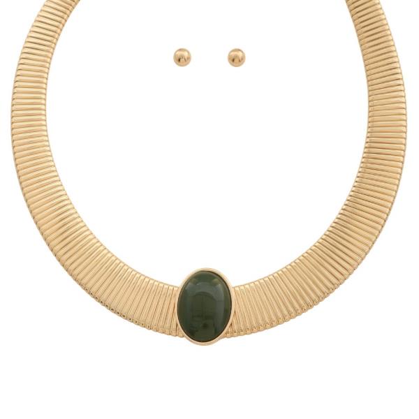 OVAL STONE FLAT CHAIN METAL NECKLACE