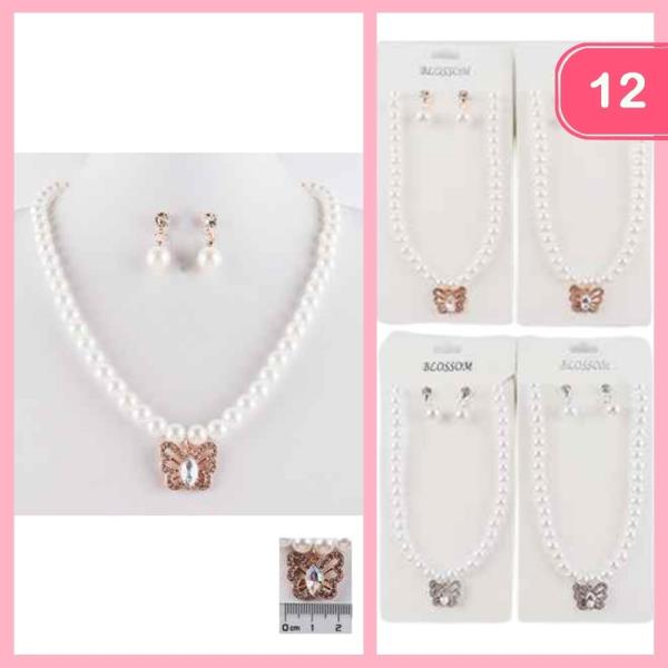 PEARL BUTTERFLY PENDANT NECKLACE EARRING SET (12 UNITS)