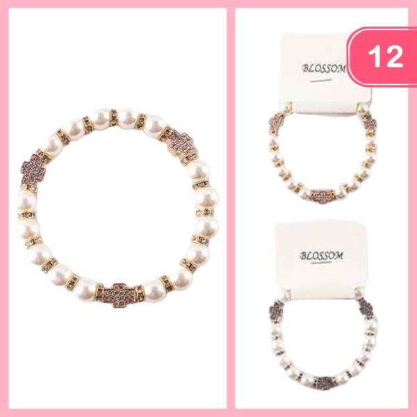 RHINESTONE PEARL BEADED CROSS BRACELET (12 UNITS)